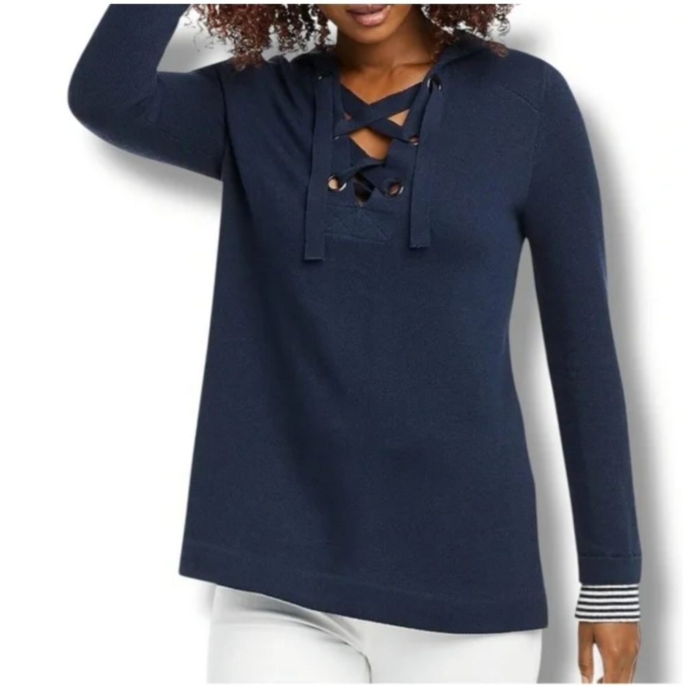 NIC+ZOE Navy White Lace-Up Hooded Sweater